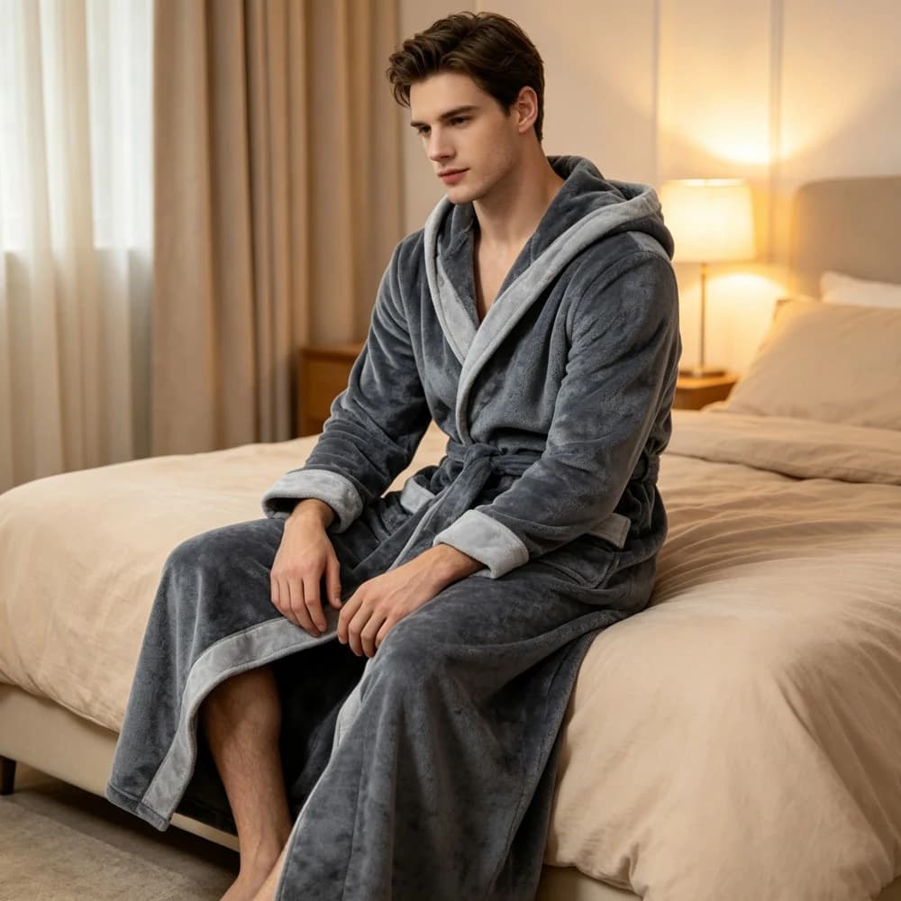 Men Hooded Flannel Bathrobe Long Plush Fleece Robe Contrast Color Sleepwear Warm Winter Home Gown with Pockets