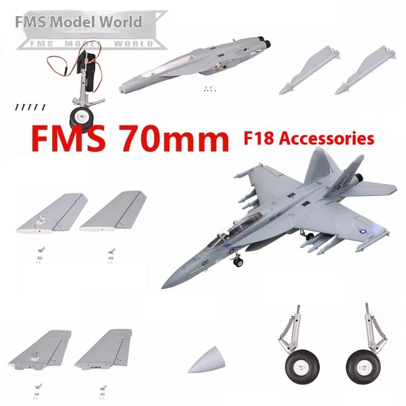Fms 70mm F18 Hornet Aircraft Set completo di accessori, tra cui fusoliera, ali principali, adesivi per carrello di atterraggio, coda verticale,