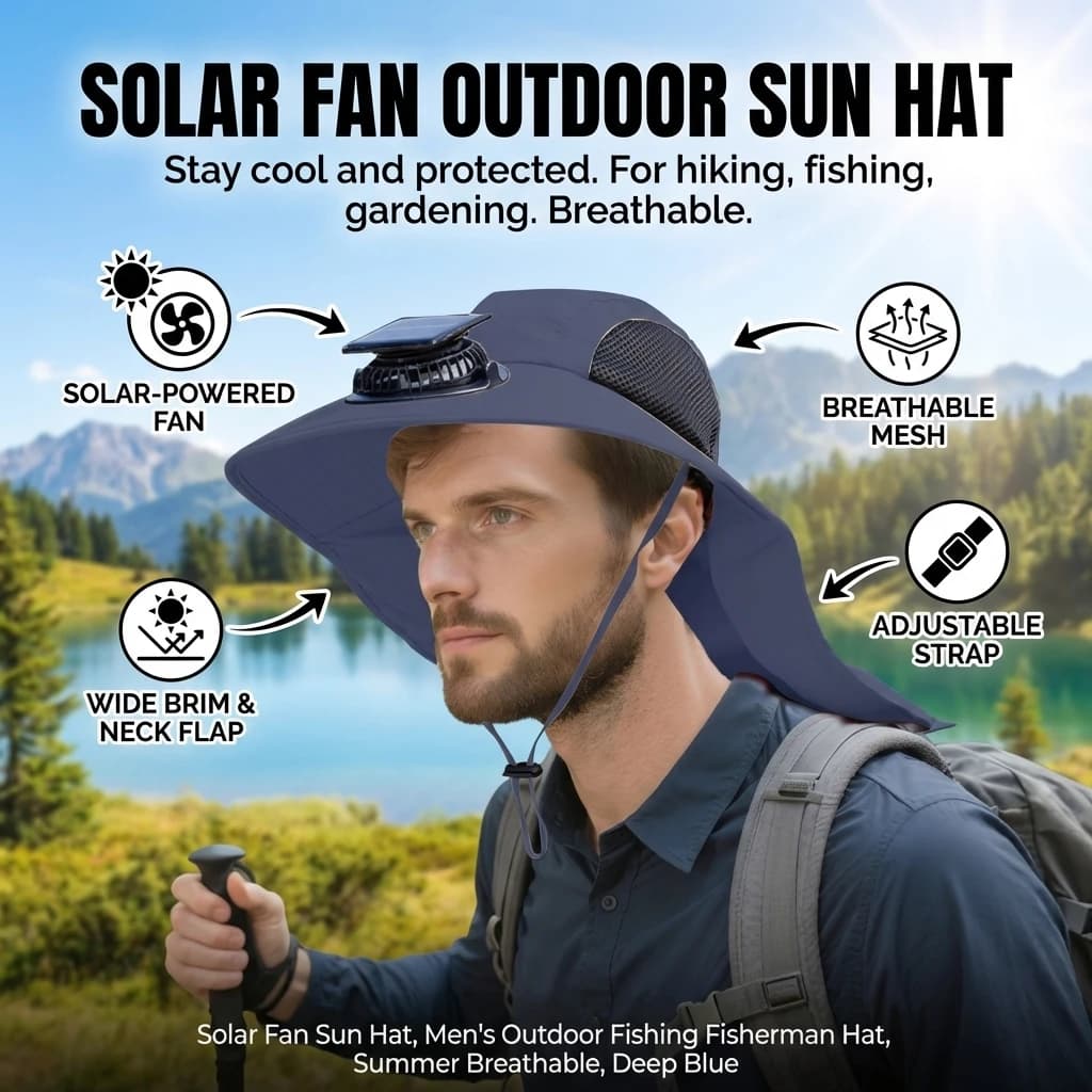 Cappello con Ventola Solare e Protezione per il Collo, Cappello con Ventola Solare Ricaricabile USB, Traspirante, da Uomo, per Pesca Estiva all'Aperto