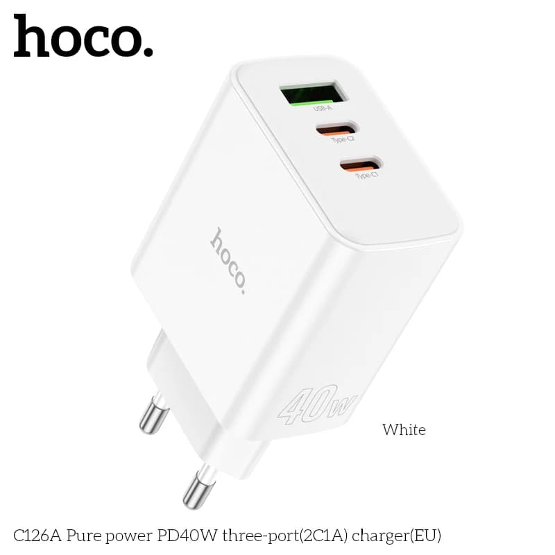 HOCO C126A PD40W Dual USB C Fast Charging Adapter For iPhone 15/14/13 Pro Max PD QC3.0 Wall Travel Phone Charger For Samsung S23