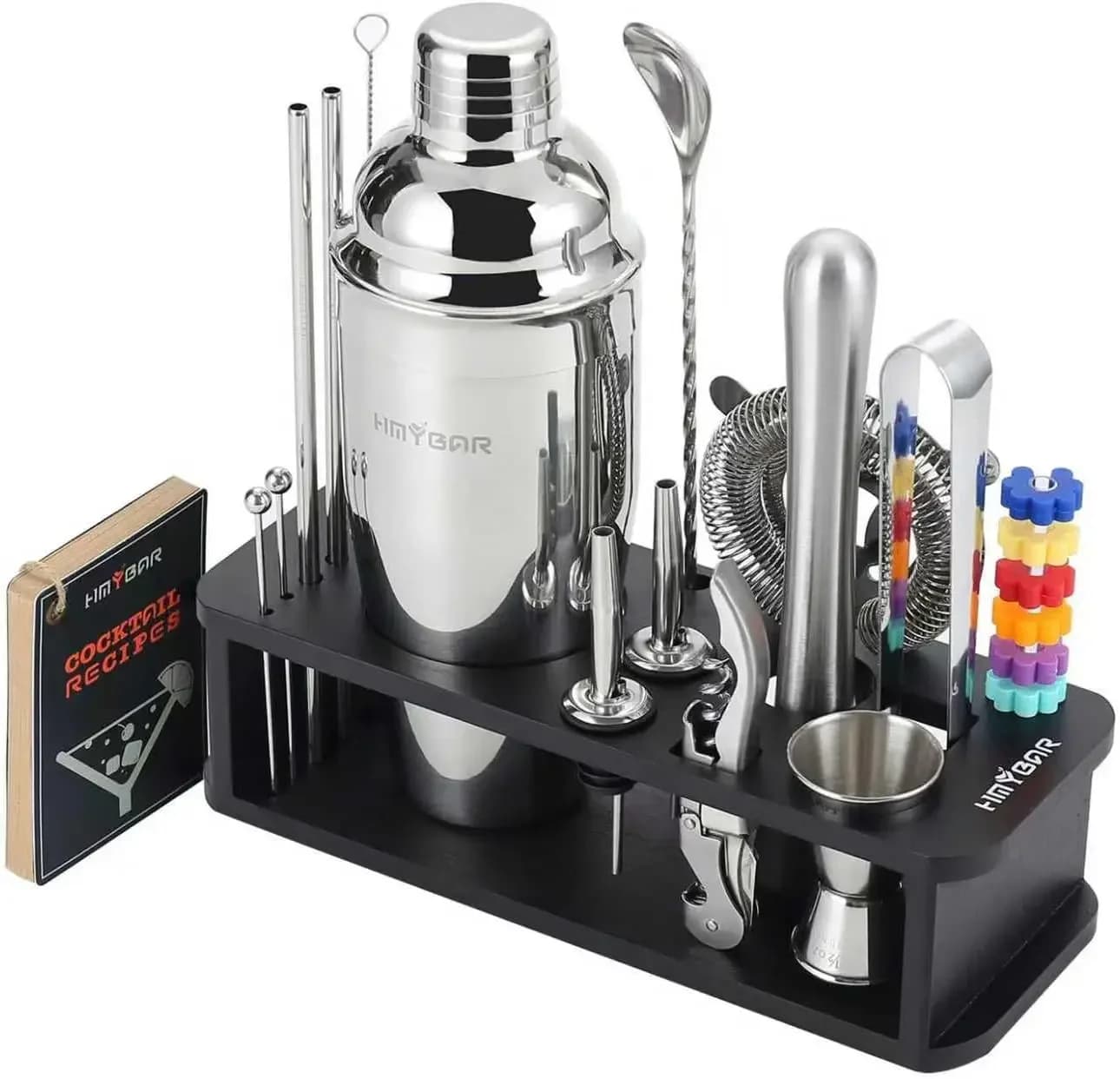 22-Piece Cocktail Shaker Set, 24oz Cobbler Shaker, Home Bar Tool Set with Bamboo Stand, 39 Recipe Cards, Glass Markers, Gift for Men & Dad