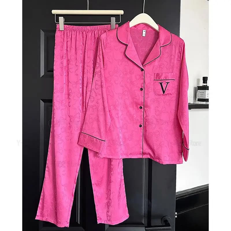 Hot Pink Bow Stampa Top e pantaloni Allentati Homewear Lady Casual 2 pezzi Outfit Pijama Mujer Indumenti da notte in seta di ghiaccio Primavera Autunno Nuovi pigiami