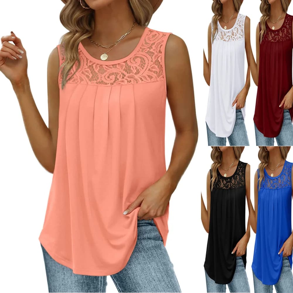 Camicette da donna senza maniche con pizzo e patchwork, estive 2026, tinta unita, casual, larghe, bianche e nere, sexy, per vacanze al mare