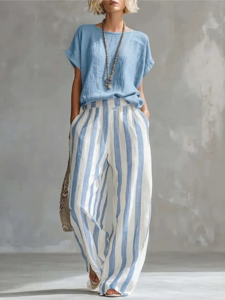 Sexy Crew Collar Top T-shirts Wide Leg Trousers Suit Woman Spring Striped Print Cotton Linen Set Summer Short Sleeve Boho Outfit