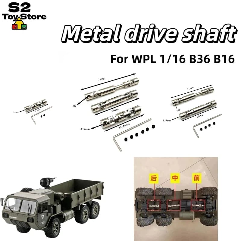 Parti di ricambio per albero di trasmissione in metallo WPL 1/16 6WD per camion RC, accessori per crawler RC B16 B36 con connettore M3 da 45-71 mm da 3,17 mm