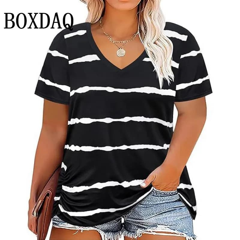 Donne di estate Plus Size T Camicette Classico Nero Bianco Strisce Con Scollo A V Manica Corta Tunica Magliette E Camicette Allentato Casual Donne Tee Shirt 7XL 8XL