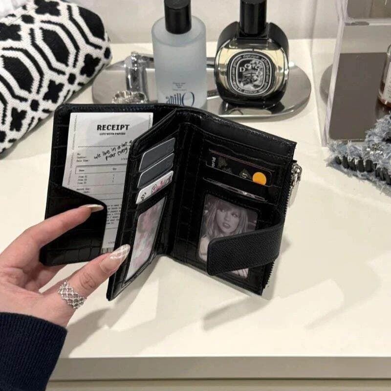 Korean Style Women's Leather Card Holder Simple Dual Fold Zipper Multi-Card Slot Passport Wallet Stone Pattern Design