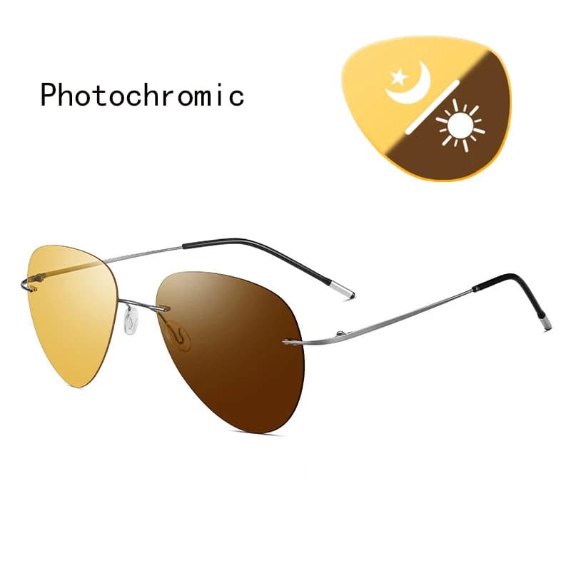 Occhiali da sole senza montatura fotocromatici in titanio puro HD Occhiali da sole pilota per visione notturna polarizzati UV400 per uomo Donna Occhiali da guida