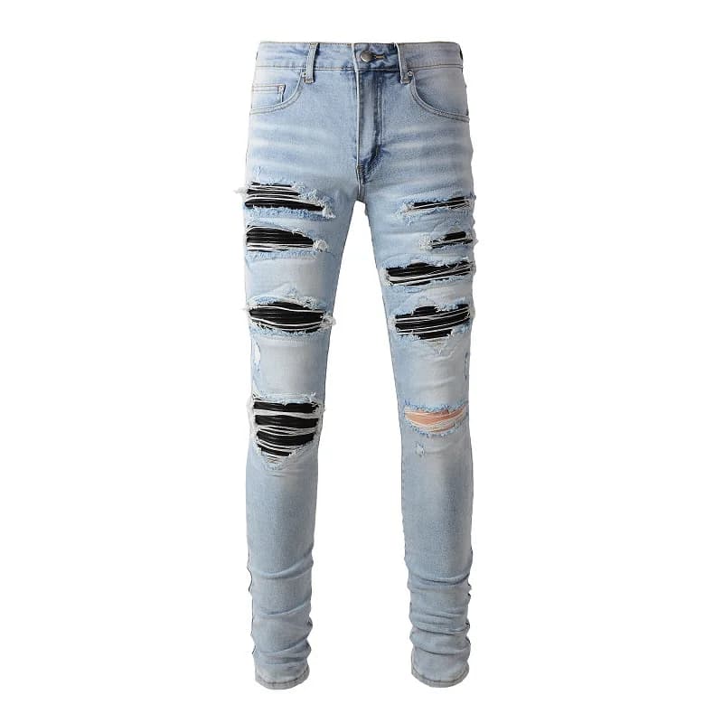 Jeans da motociclista con toppa pieghettata nera da uomo Streetwear Pantaloni Denin elasticizzati azzurri Pantaloni affusolati skinny strappati