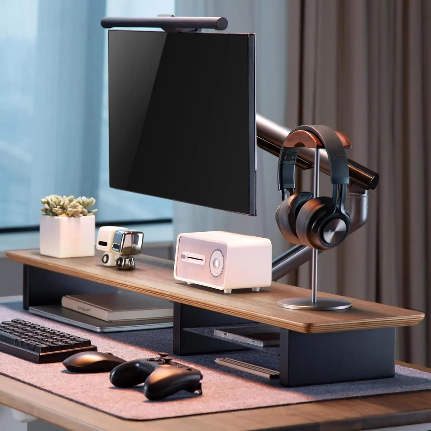 Supporto per Monitor Grande in Noce da 44 Pollici, Rialzo per Doppio Monitor con Ripiano in Metallo, Ripiano da Scrivania Stabile in Legno per Ufficio Domestico