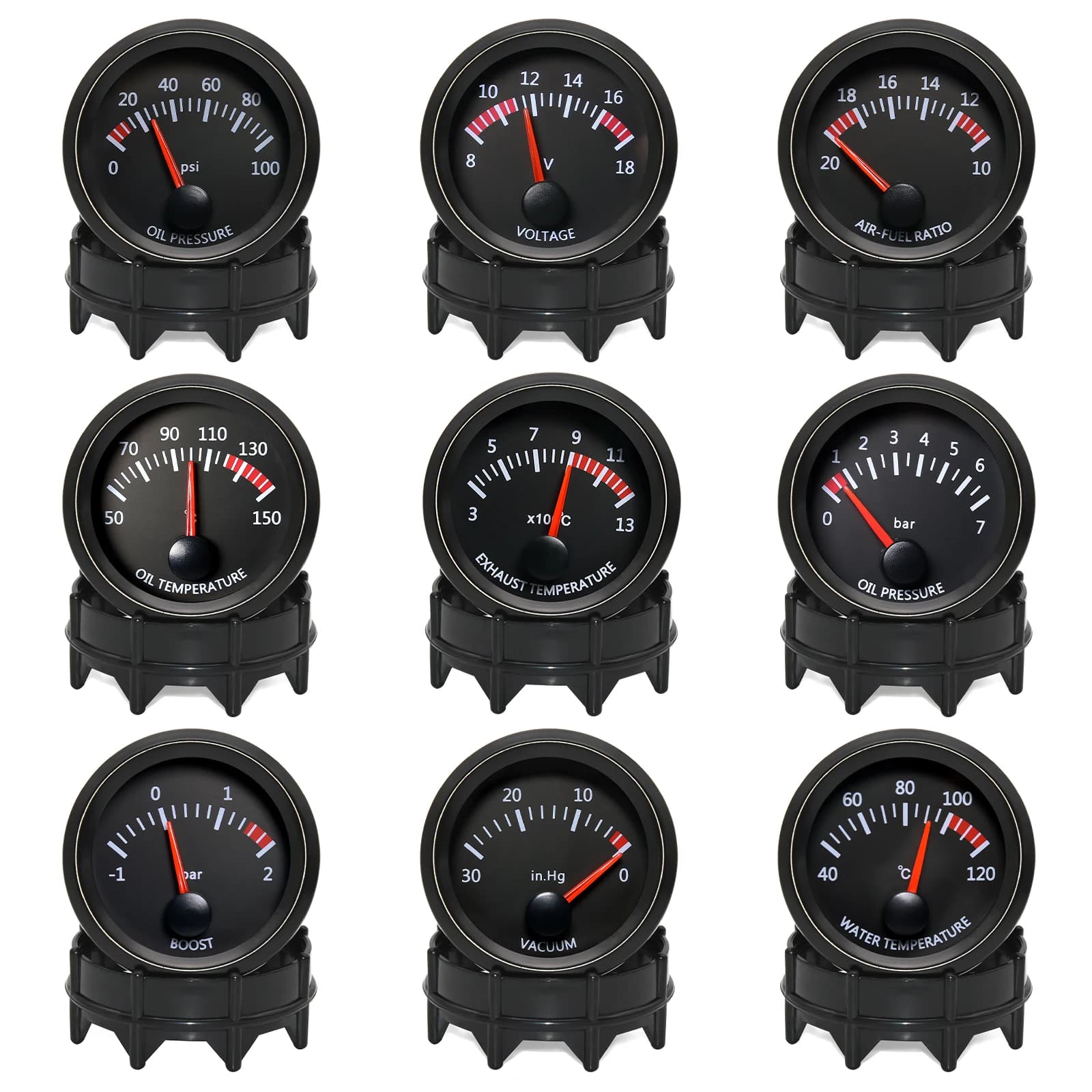 52 MILLIMETRI Temperatura Dell'acqua Temperatura Dell'olio Con Sensore Voltmetro Manometro Olio Vuoto Boost BAR Aria Carburante Rapporto EGT Auto Manometro Per 12V Auto