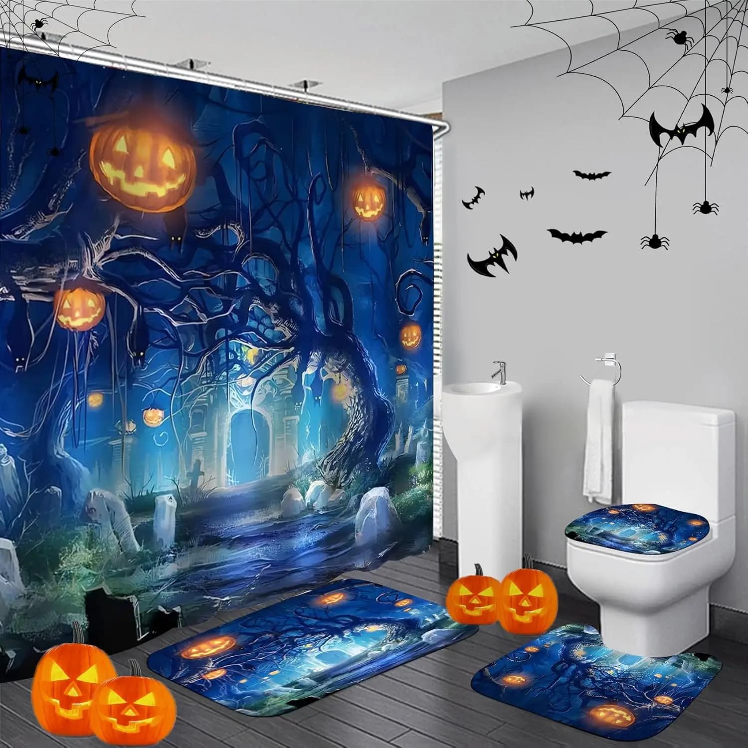 4 Pcs Halloween Shower Curtain Set with Rugs Toilet Lid Cover,Bloody Hand Shower Curtain with 12 Hooks for Bathroom Set Decor