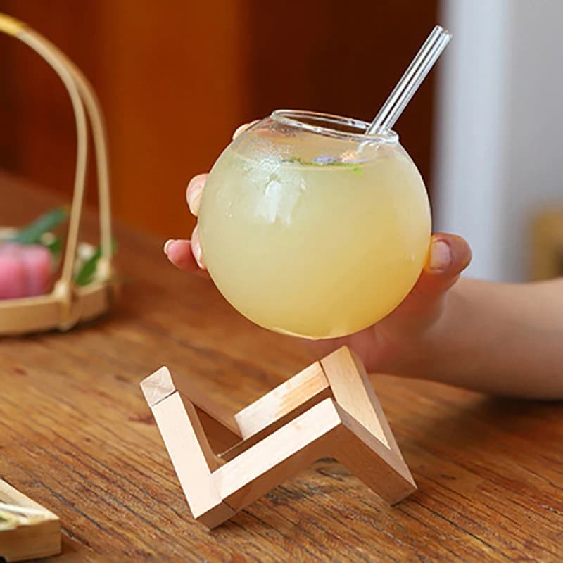 Bicchiere da Cocktail Creativo a Forma di Sfera con Supporto in Legno, Bicchiere per Frutta e Succhi per Bar e Uso Domestico
