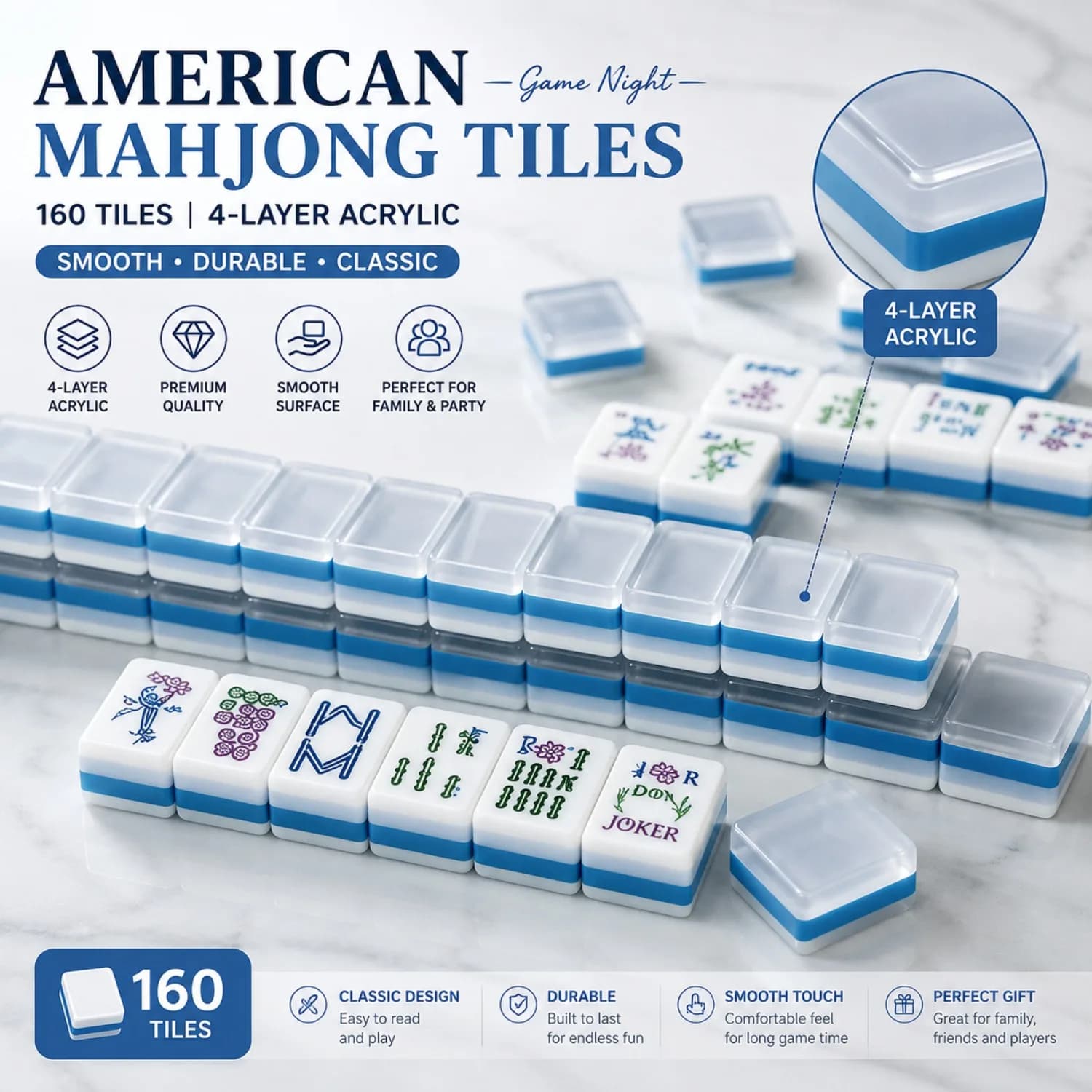 Blue Acrylic American Mahjong Tiles, 160-Piece 4-Layer Color Block Mahjong Set, Premium Game Tiles for Family Parties & Gifts