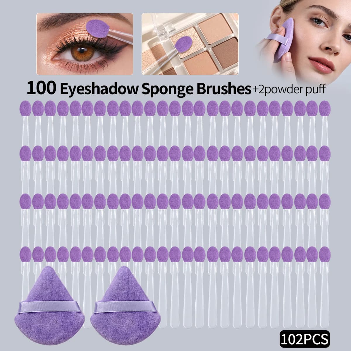 Set di 102 Pennelli Monouso Viola per Ombretto, 100 Applicatori Viola per Ombretto + Piumini per Polvere, Pennelli in Spugna