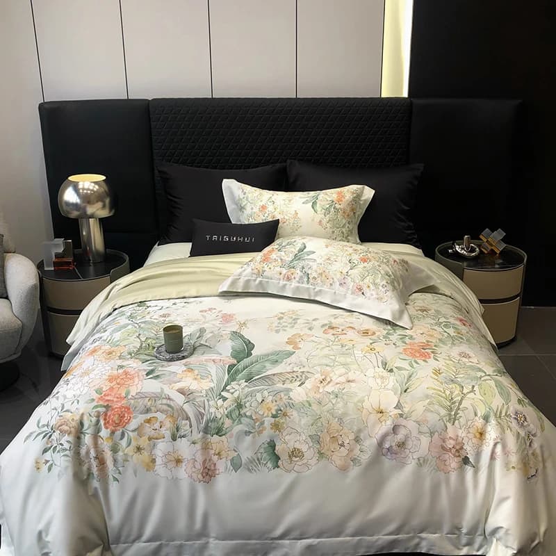 Premium 1000TC Cotone egiziano Fiori Pianta Stampe Primavera Estate Set biancheria da letto Copripiumino Lenzuolo piatto/con angoli Federa 4 pezzi
