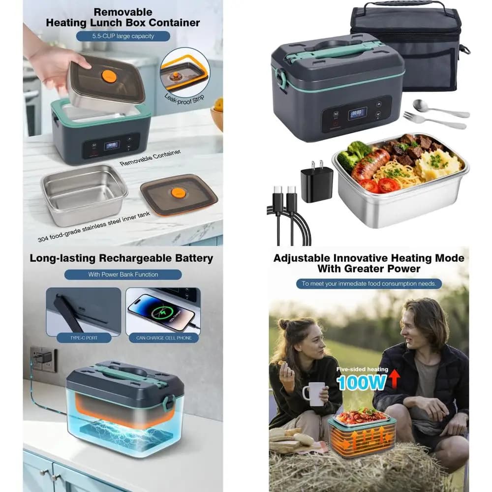 Portapranzo riscaldato elettrico portatile per adulti, scaldavivande a batteria su 5 lati, contenitore rimovibile da 5,5 tazze, grigio-verde, ideale per Wor