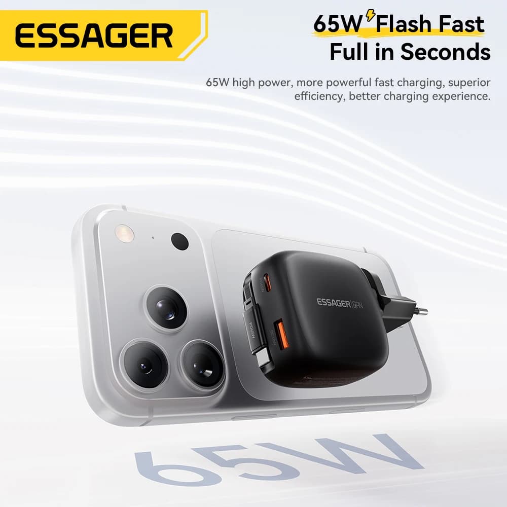 Essager 65W GaN Charger With Retractable Type C Cable For iPhone 17 16 15 14 Samsung Xiaomi QC 3.0 PD Quick Charger Adapter