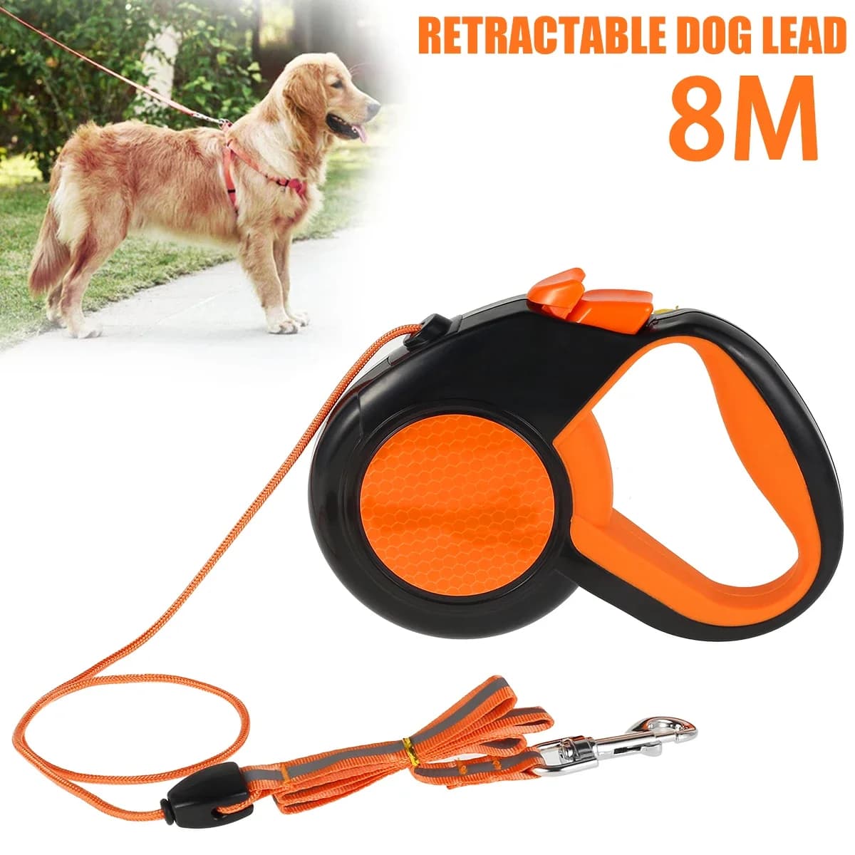 Guinzaglio per cani retrattile resistente da 8 m con nastro riflettente Manico antiscivolo per cani di tutte le dimensioni