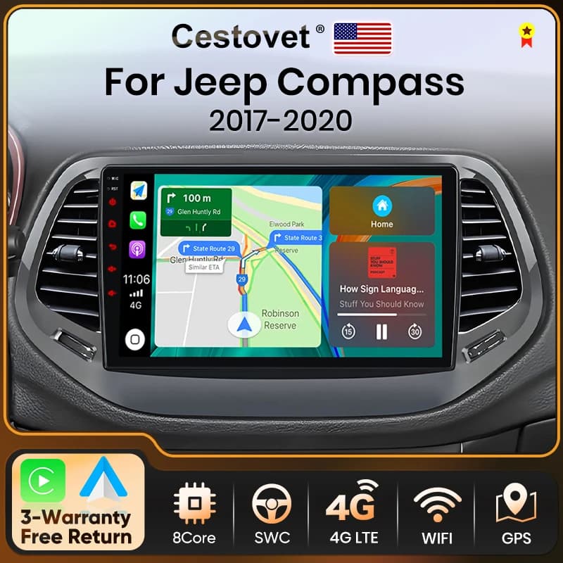 Cestovet Android Autoradio 2 Din Stereo Autoradio Carplay Auto for Jeep Compass 2 MP 2016-2020 Multimedia Reader BT GPS FM RDS