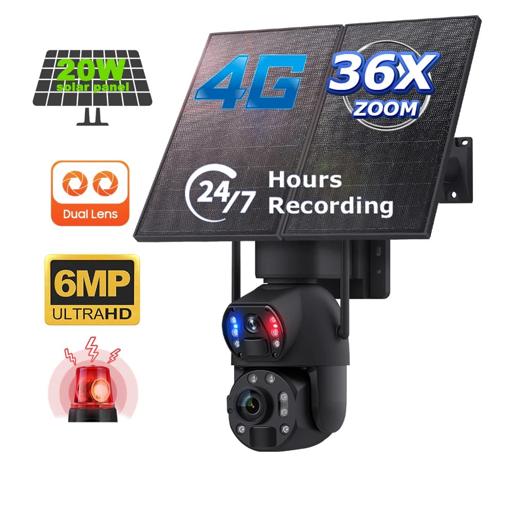Telecamera di sicurezza 4G a energia solare in metallo con pannello solare da 20 W Zoom 36X Visione notturna a colori HD da 6 MP Sorveglianza esterna wireless