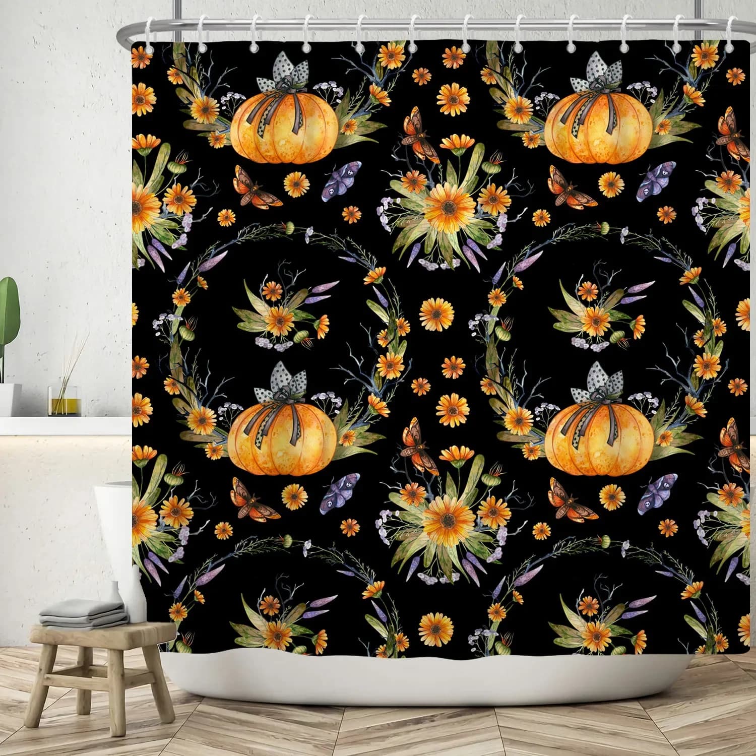 Tenda da doccia per bagno Decorazione per la casa Girasole Zucca Modello floreale Tenda da doccia impermeabile con gancio in tessuto di poliestere