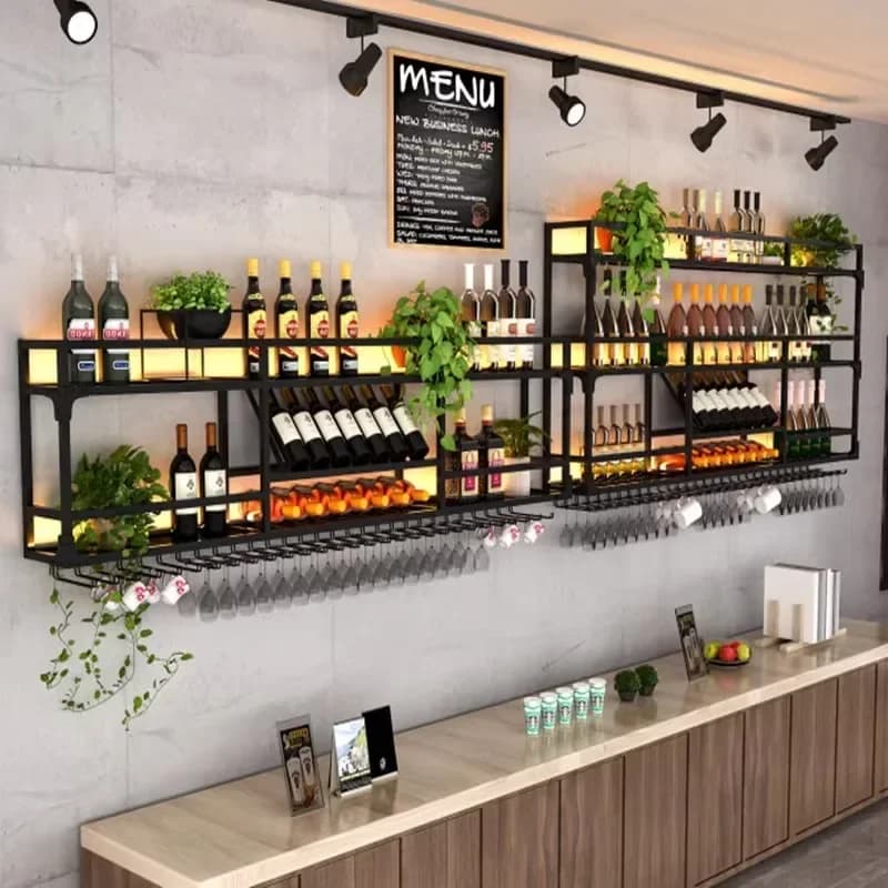 -Rastrelliera portaoggetti per portabottiglie da parete per bar, griglia per armadietto rosso, espositore a parete, portaoggetti in vetro sospeso