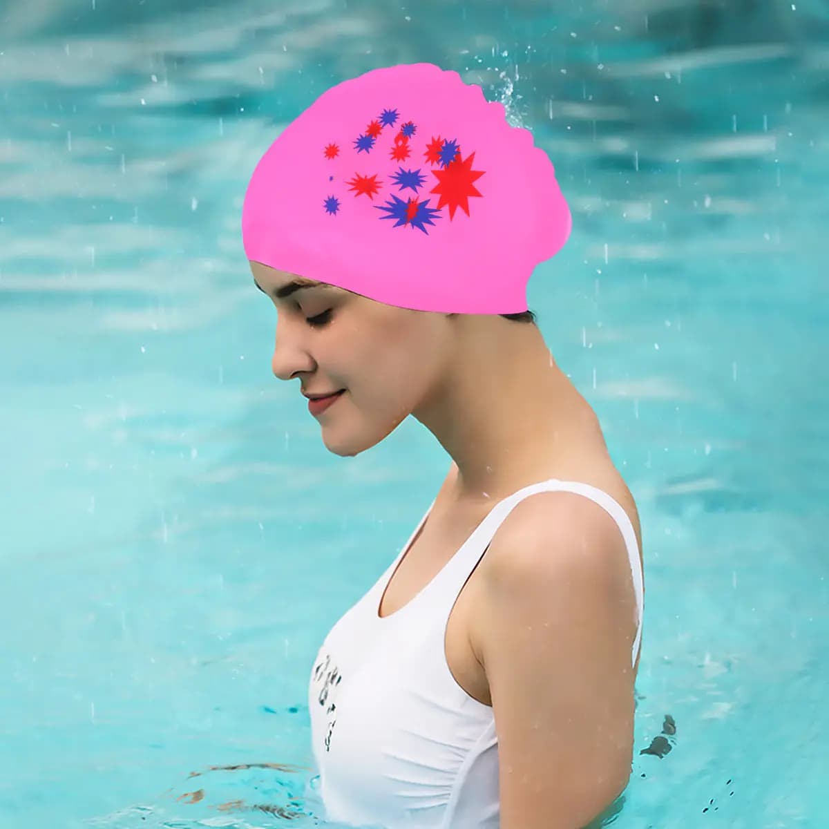 Swimwear Silicone with Star Pattern, Waterproof, Pink, Ear Protection, for Long, Lightweight and Comfortable Hair for Women