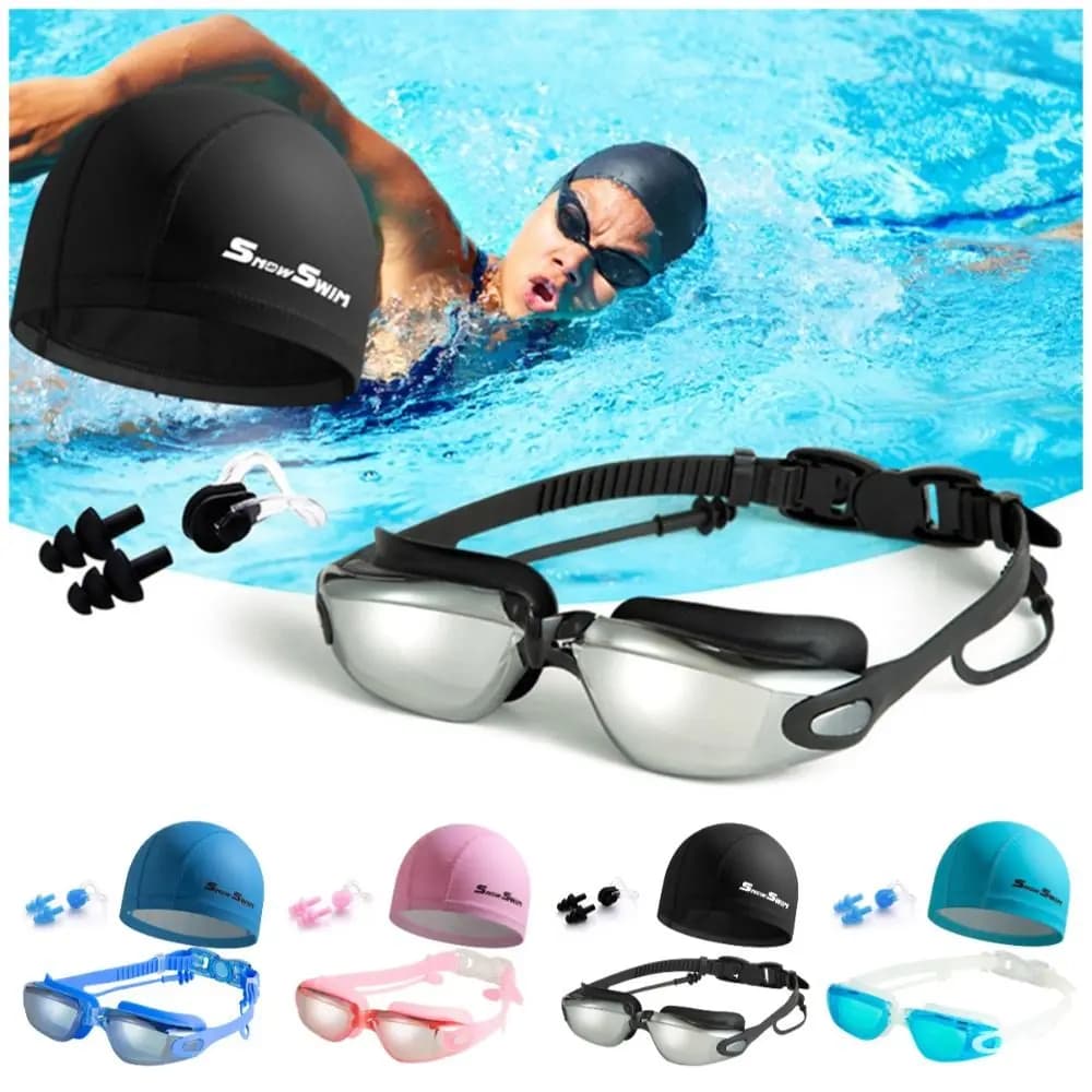 Anti-fog Adult Swimming Goggles Set Adjustable UV Protection Diving Eyewear Soft with Nose Clip, and Ear Plugs Silicone Swim Cap