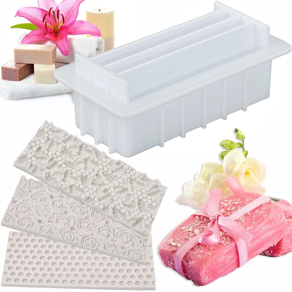 Stampo per sapone in silicone da 42 once con 5 divisori in acrilico con stampo per tappetino in silicone a nido d'ape, rosa e ape, strumento artigianale in resina per sapone fatto a mano fai da te
