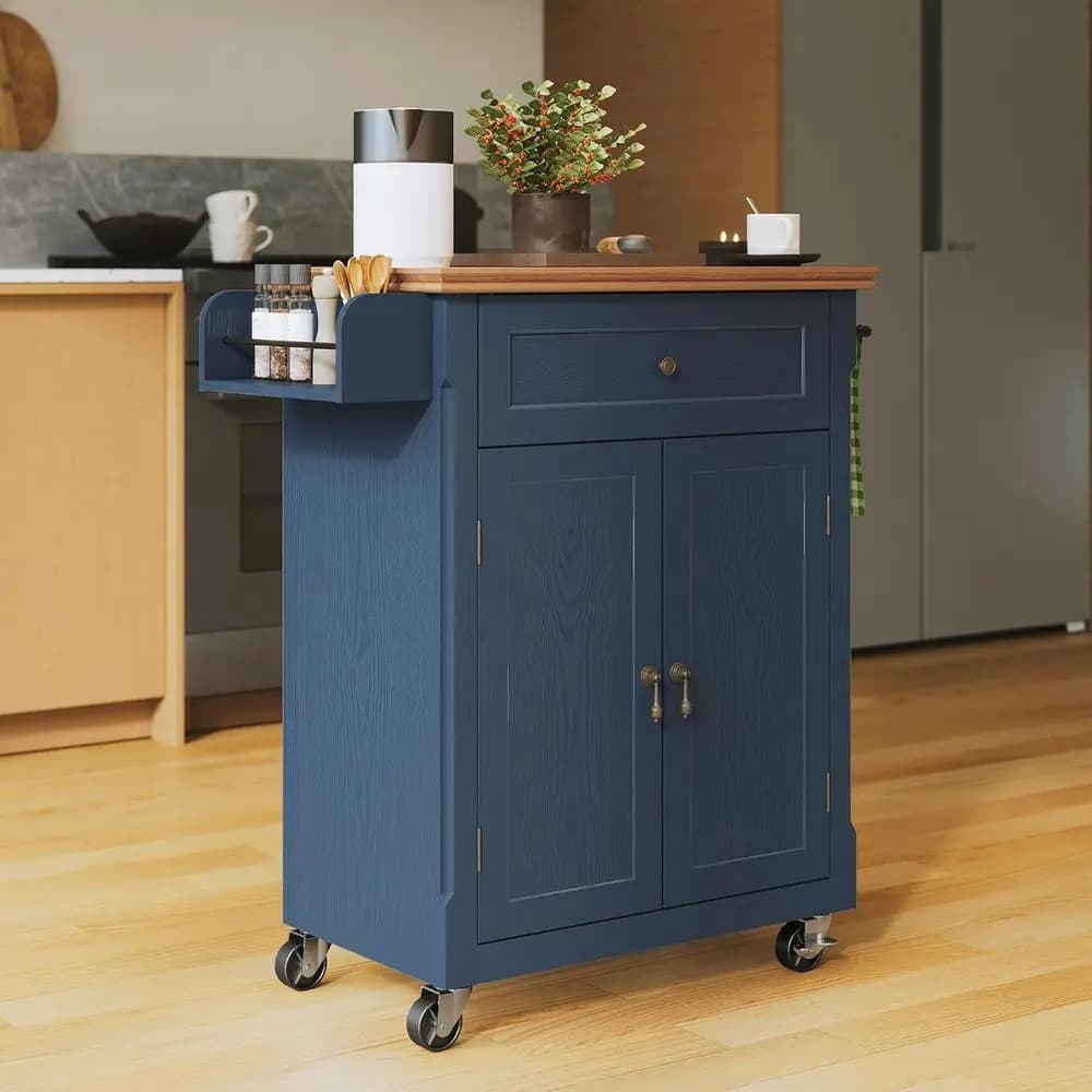 Carrello da Cucina Vintage 26 con Ruote, Scaffale Porta Spezie e Portasciugamani, Blu