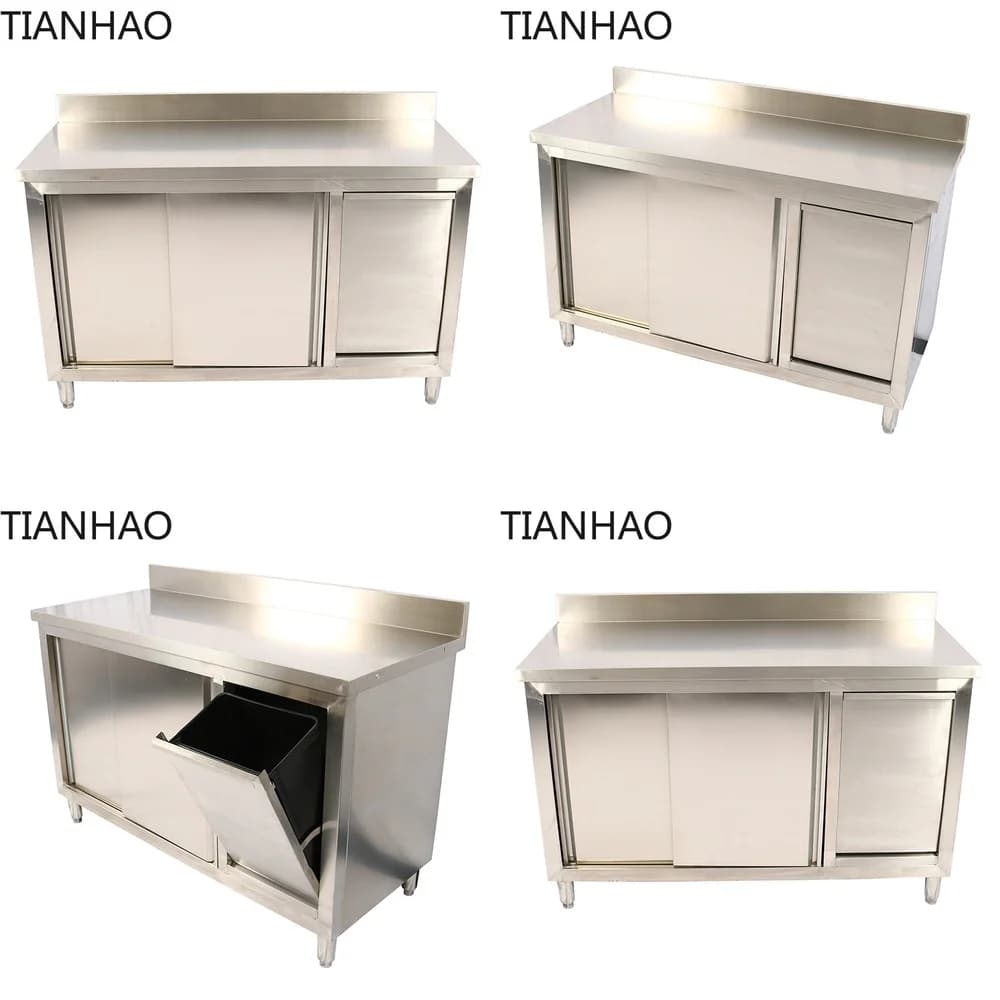 Stainless Steel Kitchen Workbench with Sliding Door Cutting Board Storage Cabinet for Commercial Restaurants and Cafes