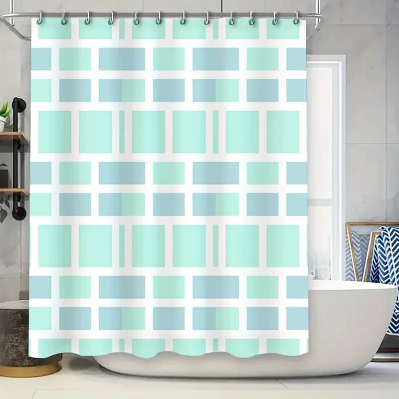 Set di tende da doccia moderne per bagno, stampa di motivi rettangoli, ganci per tappetino da bagno antiscivolo per la decorazione domestica in blu verde chiaro (dimensioni