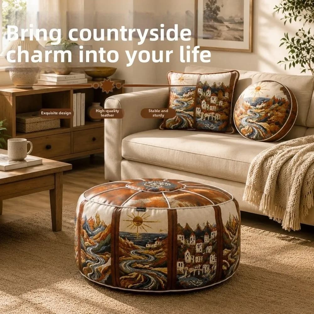 New Boho Pattern Ottoman Pouf PU Leather Large Opening Storage Ottoman Water Resistant Fillable Design Round Pouf Cover Home Use