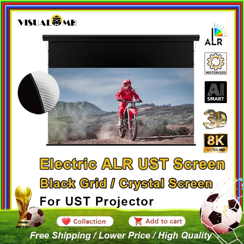 Schermo di proiezione elettrico Drop Down ALR Black Grid UST Montaggio a parete Proiezione motorizzata 150" 16:9 4K per proiettori ultra corti