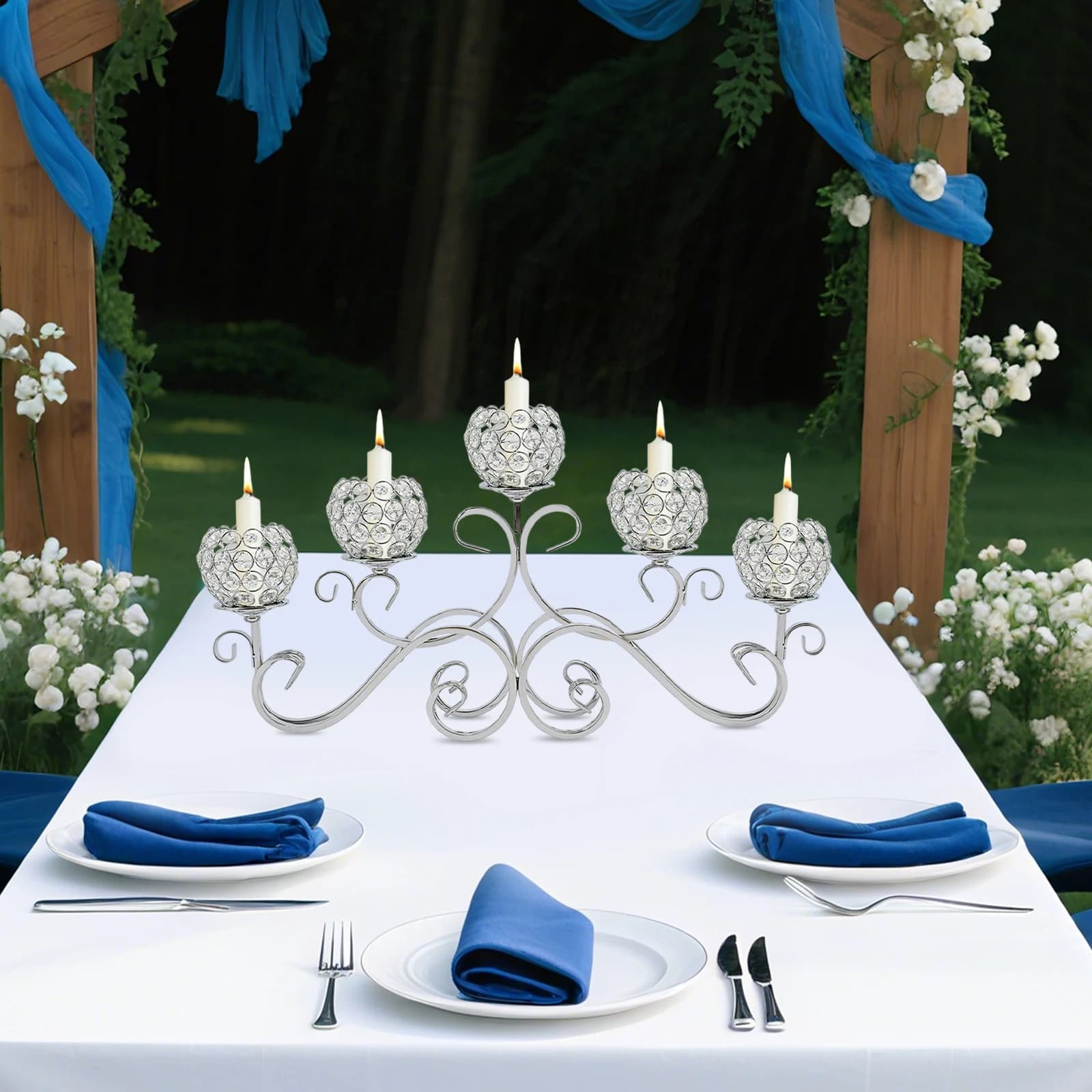 Candelabro a 5 bracci in argento, portacandele in cristallo, per matrimoni, sala da pranzo, decorazioni per la casa, adatto a candele con diametro inferiore a 1,5 pollici