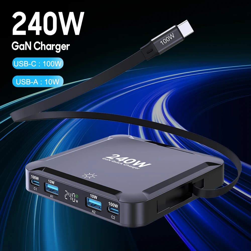 240W 5 in 1 Fast USB C Charger USB Type C PD100W GaN Charger with 100W Retractable Cable For MacBook Pro iPhone Samsung Laptops
