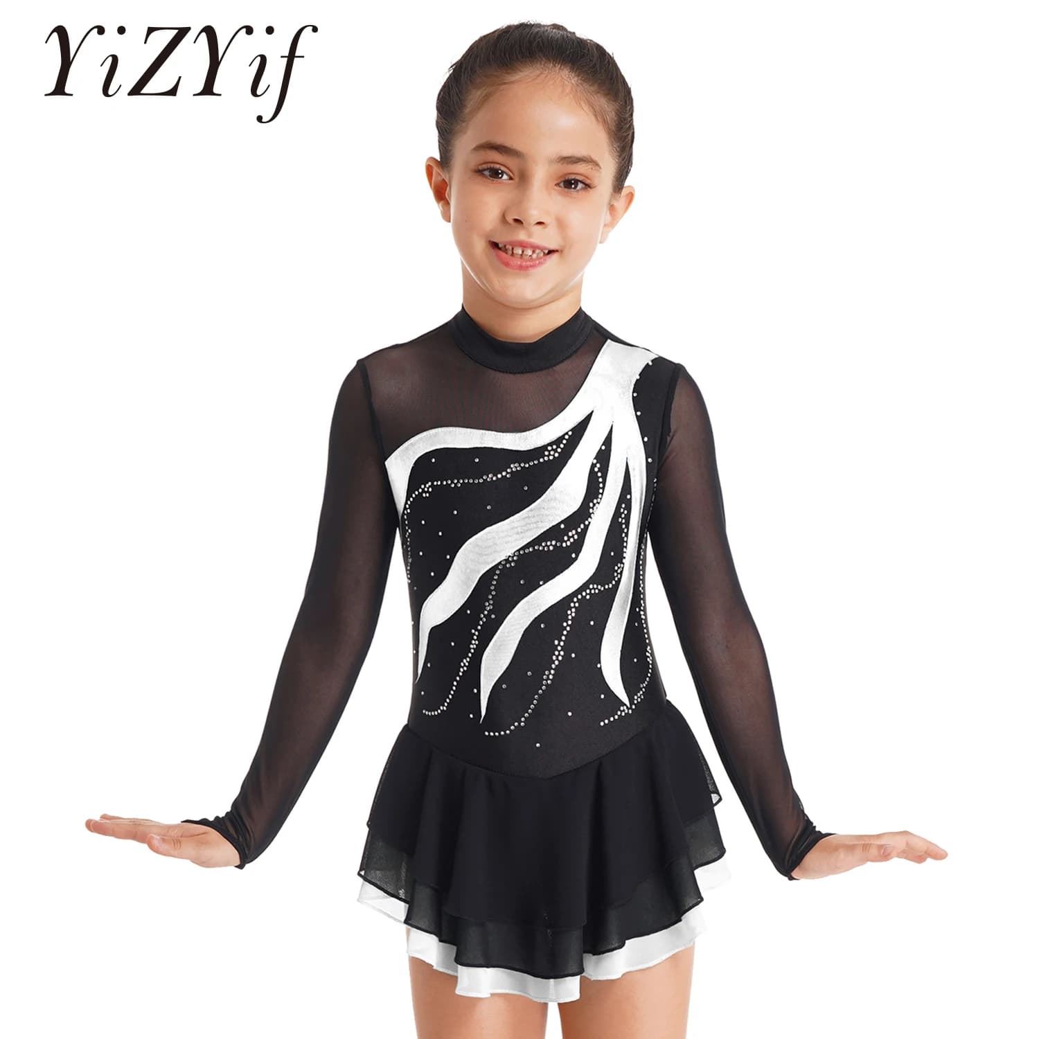 Body da ginnastica per balletto, per bambina, vestito da pattinaggio di figura, a maniche lunghe, in rete, per competizione lirica, costume da spettacolo teatrale