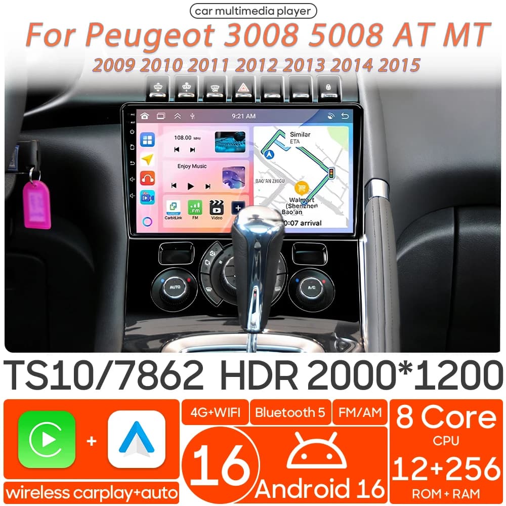 Android 16 For Peugeot 3008 5008 AT MT 2009 - 2015 Car Multimedia Player Wireless Carplay Auto Radio Video Wifi Navigation GPS