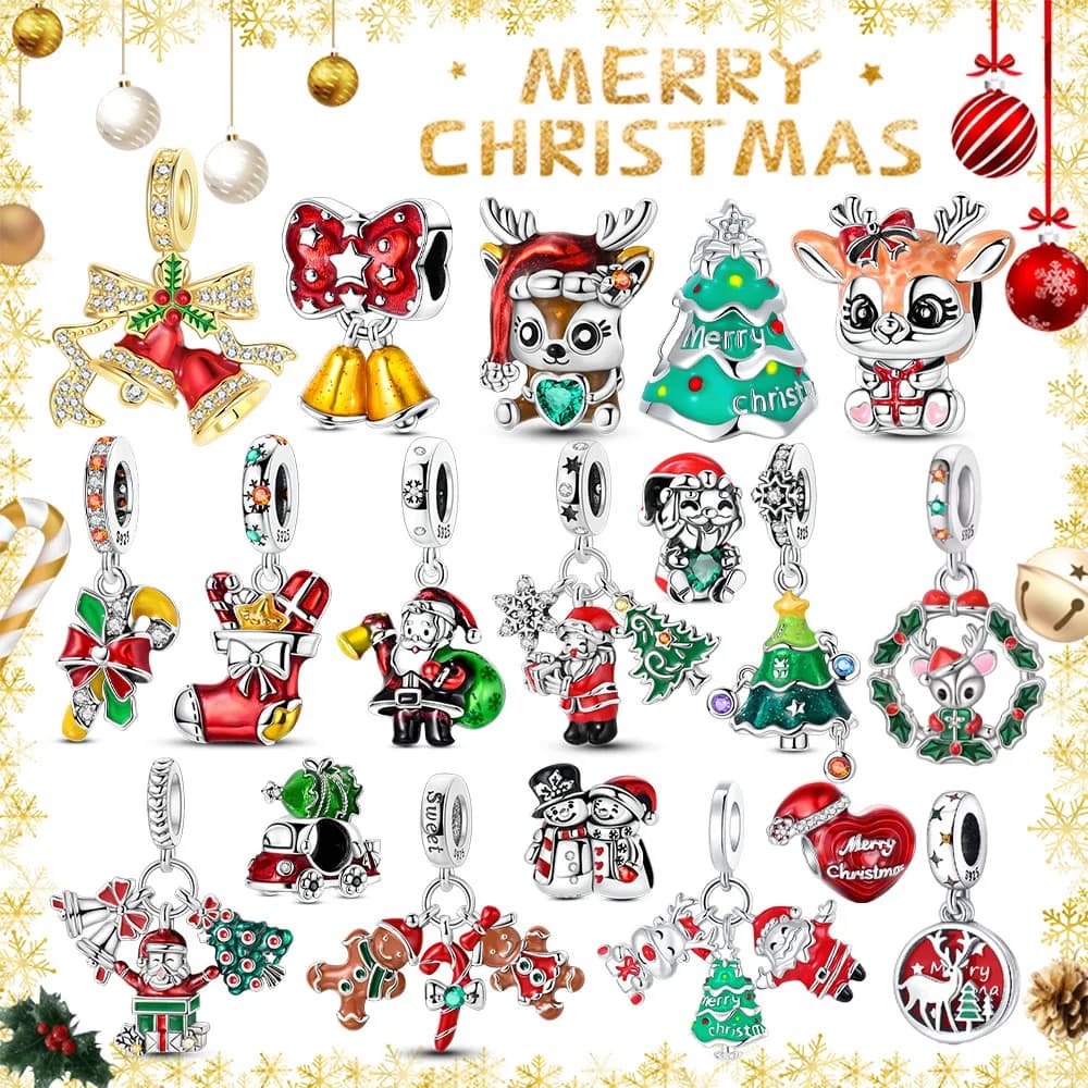Festa di Natale in argento 925 carino alce Babbo Natale albero di Natale ciondolo perline braccialetto adatto regalo da donna ciondoli per la creazione di gioielli
