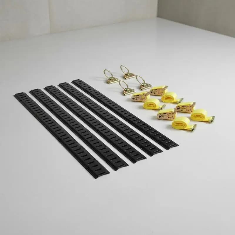 Horizontal Cargo Rail System 5ft 12-Piece Set For Trucks Vans Trailers 4 E-Track Rails 4 O-Ring Anchors 4 Ratchet Straps Heavy Duty Tie Down Kit Metal Hardware Accessory