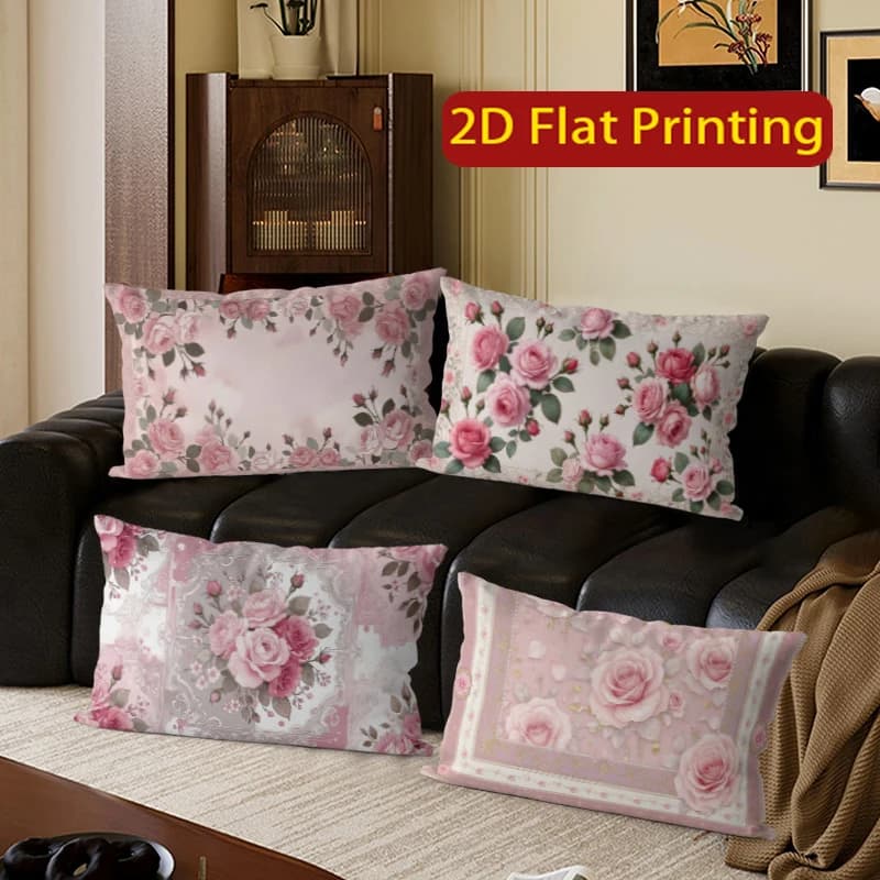 Fodere per cuscini vintage con rose rosa, adatte per divano, camera da letto, auto, cuscino rettangolare per schienale