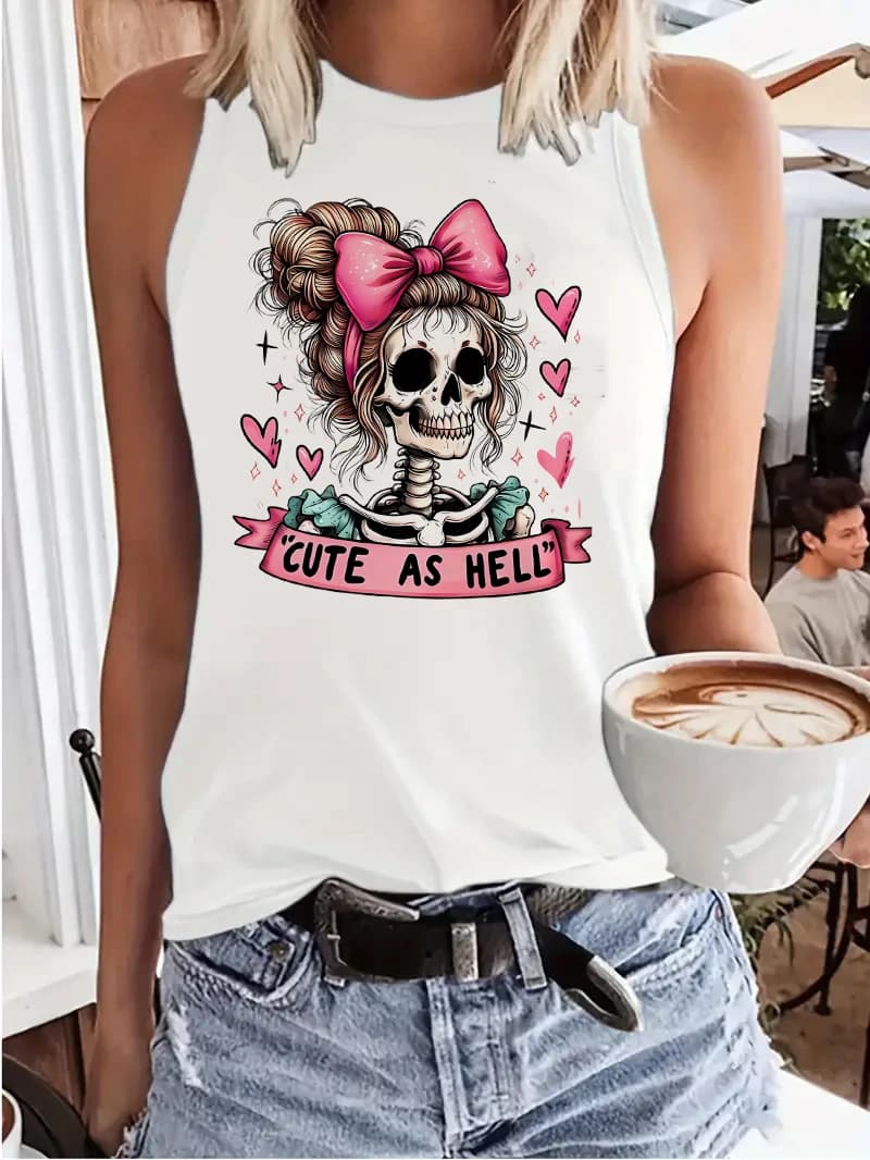 T-shirt vintage con teschio e cuore d'amore T-shirt con stampa grafica Canotta da donna senza maniche girocollo