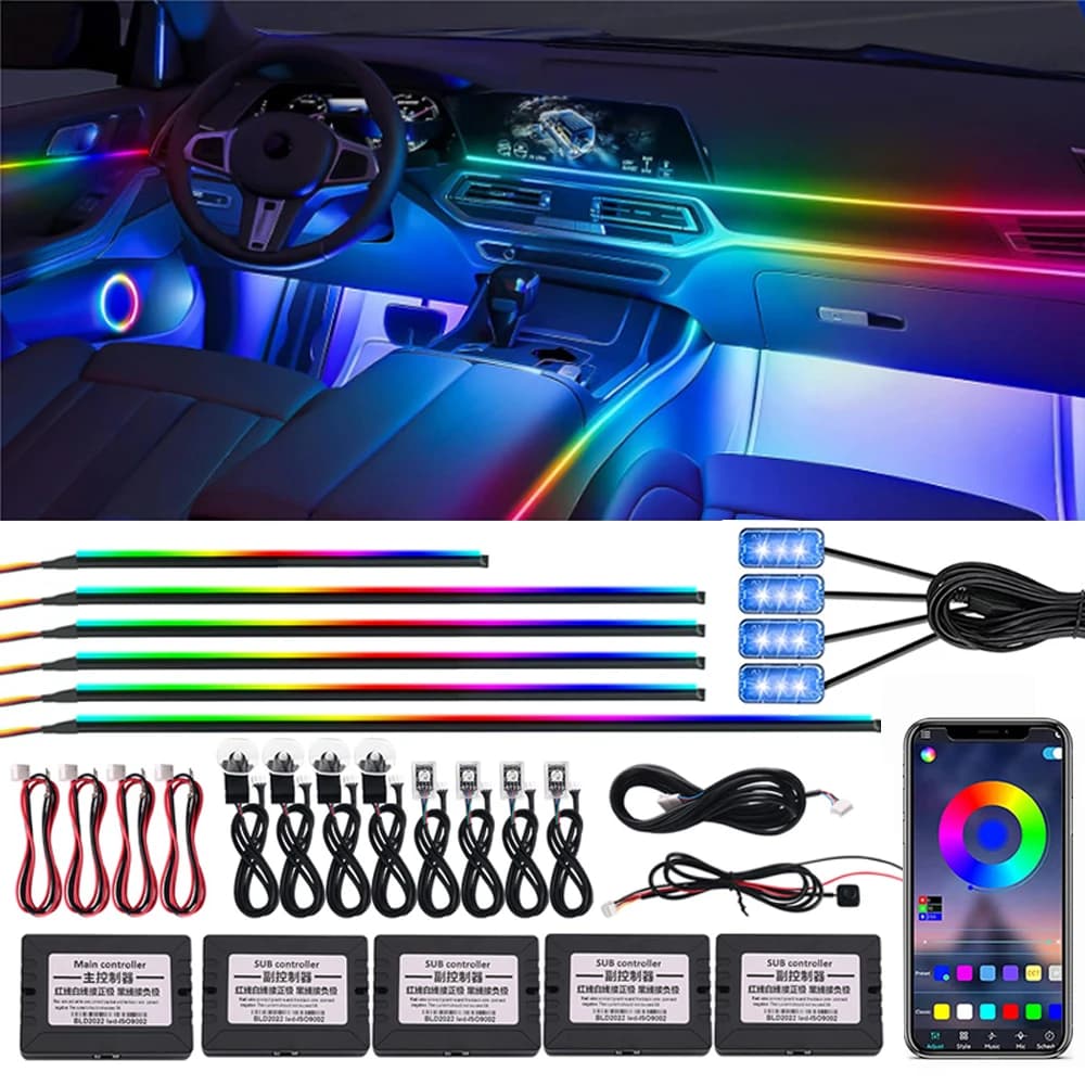 18 in 1 64 colori RGB Symphony Car Luce ambientale Interni Guida acrilica LED Strip Light Decorazione Lampada per atmosfera tramite controllo APP