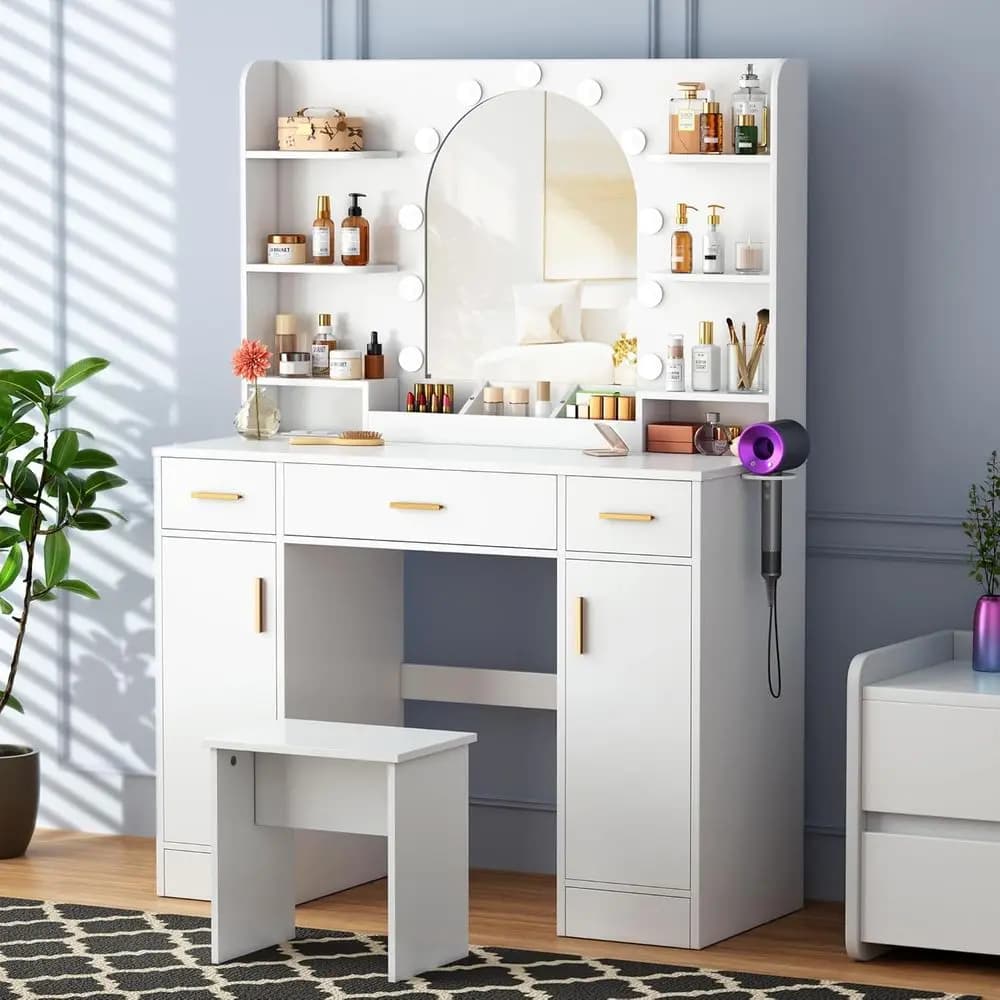 Toeletta Bianca con Specchio, 12 LED lights, USB and Current sockets, Cassetti, Porta Hair dryer, Stool Padded and Vano