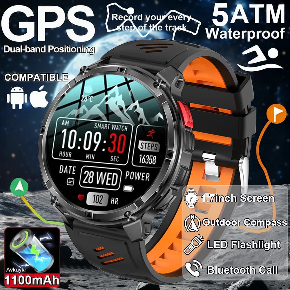 2026 New Military 1100mAh Battery Built-in GPS Watch Smartwatch Compass Barometer 5ATM Waterproof Sport Smartwatch Men