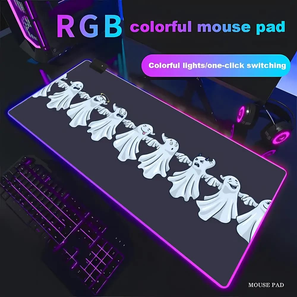 Tappetino per Mouse HYBXAXC con Fantasmi Cartoon Carini, RGB, Grande, LED, XXL, Antiscivolo per PC e Gaming
