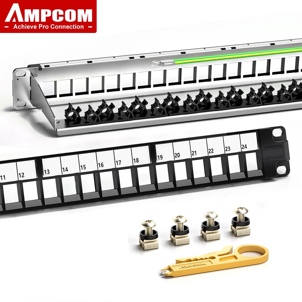 AMPCOM Patch Panel Keystone Vacuum 1U 24 Doors, Mounting on 19 Inch Rack or Wall with Rear Panel for Ethernet Cable Management