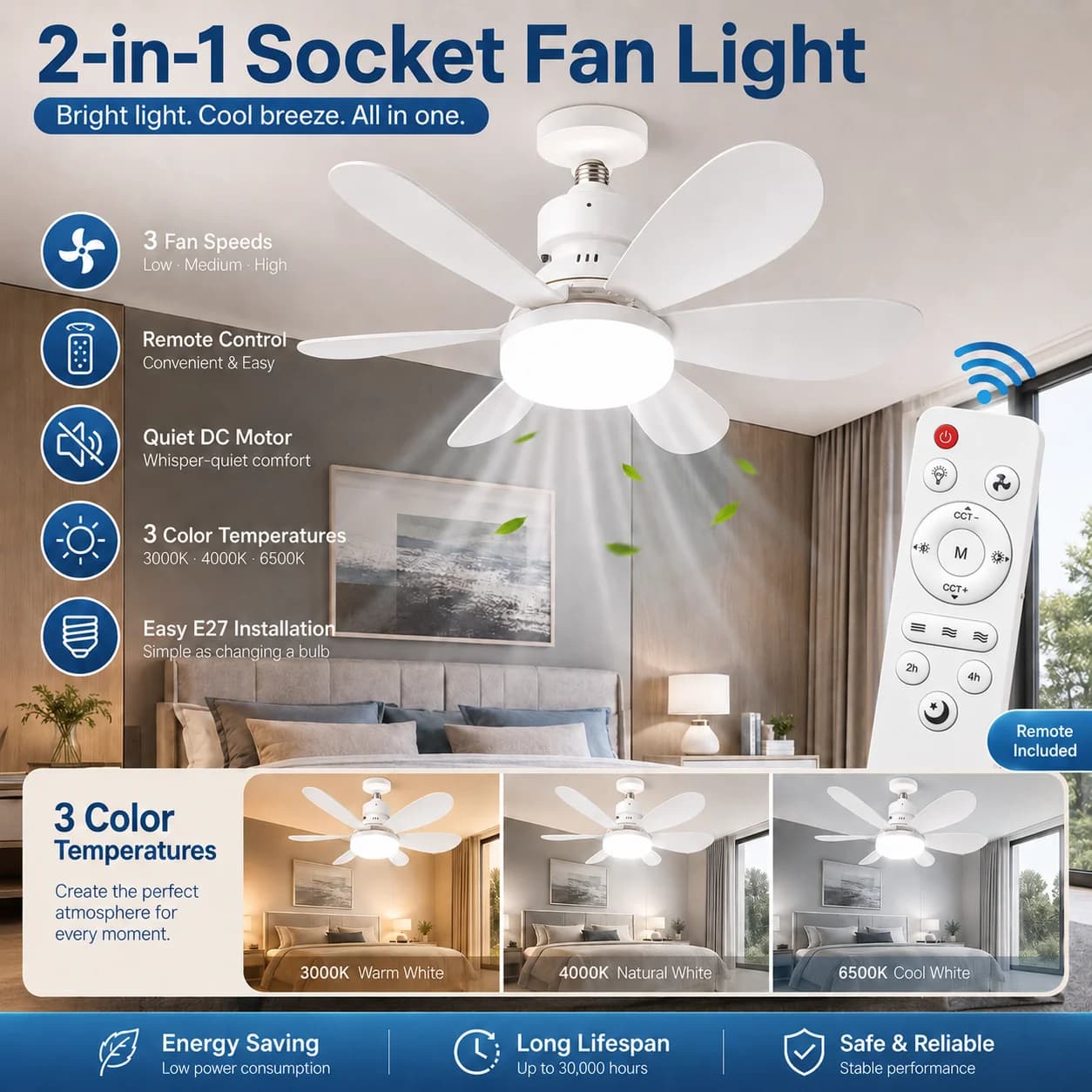 E27 LED Ceiling Fan Light with Remote 3 Color Dimmable Fan Lamp 3000K-6500K for Bedroom Living Room Kitchen