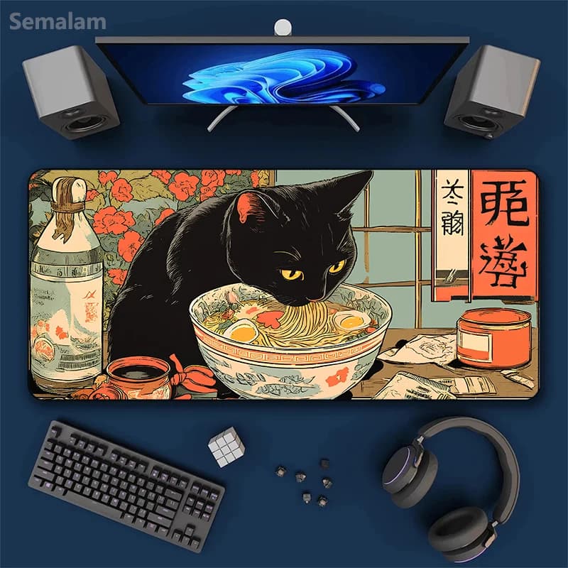 Tappetino per Mouse da Gaming Grande con Motivo Noodle Shop Giapponese, Tappetino da Scrivania con Gatto Nero, Antiscivolo con Bordo Cucito in Gomma per PC e Tablet da Ufficio